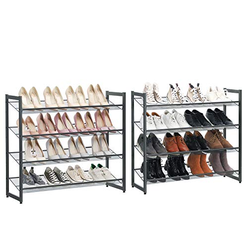 Стелаж за обувки с 8 рафта, комплект от 2 органайзера с 4 рафта от стоманена мрежа, плоски или наклонени регулируеми рафтове, за съхранение на обувки, сив - Cool SONGMICS
