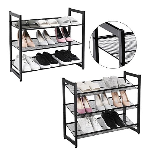 Стелаж за обувки с 3 нива, метална мрежа, поставен хоризонтално или под наклон, поставка за обувки за 9 до 12 чифта обувки, черен SONGMICS