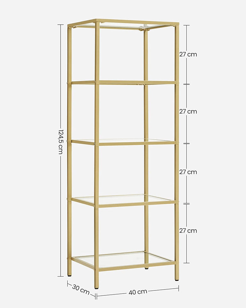 Етажерка Vasagle с 5 рафта от метална златиста рамка и стъклени рафтове