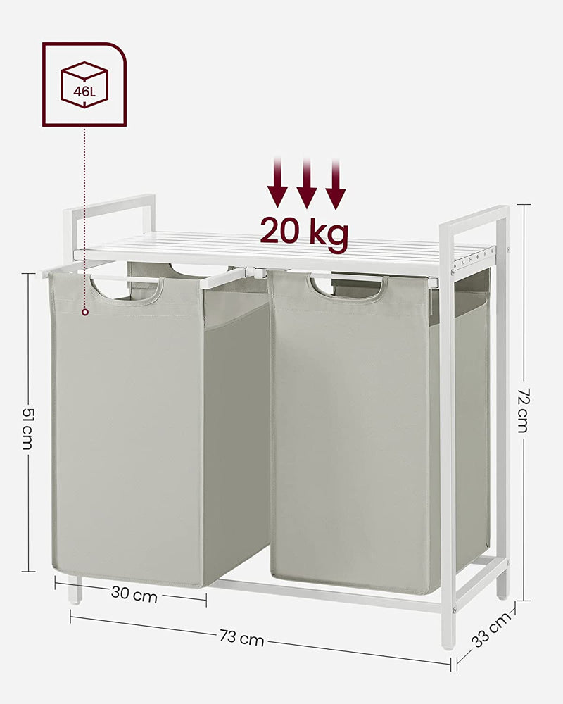 Кош за пране, с 2 отделения, подвижни торби за пране, разделител на пране, рафт, метална рамка, 2 x 46L, 73 x 33 x 72 см, бял, VASAGLE