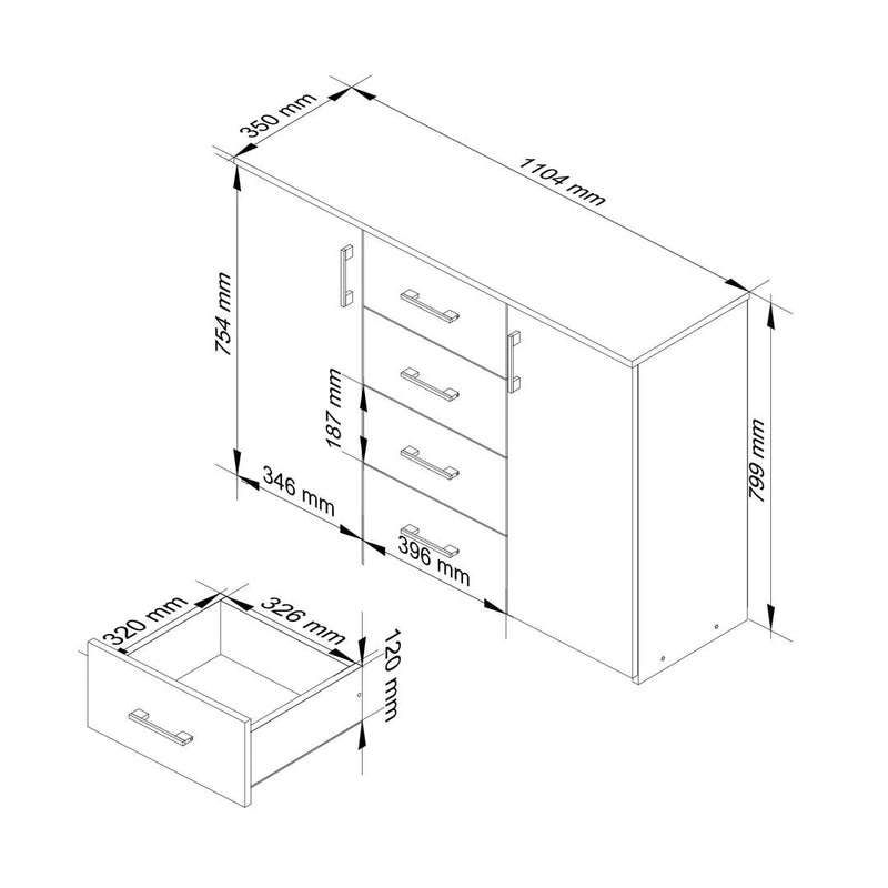 Скрин с 2 врати и 4 чекмеджета 110 x 80 x 35 см сонома, бял