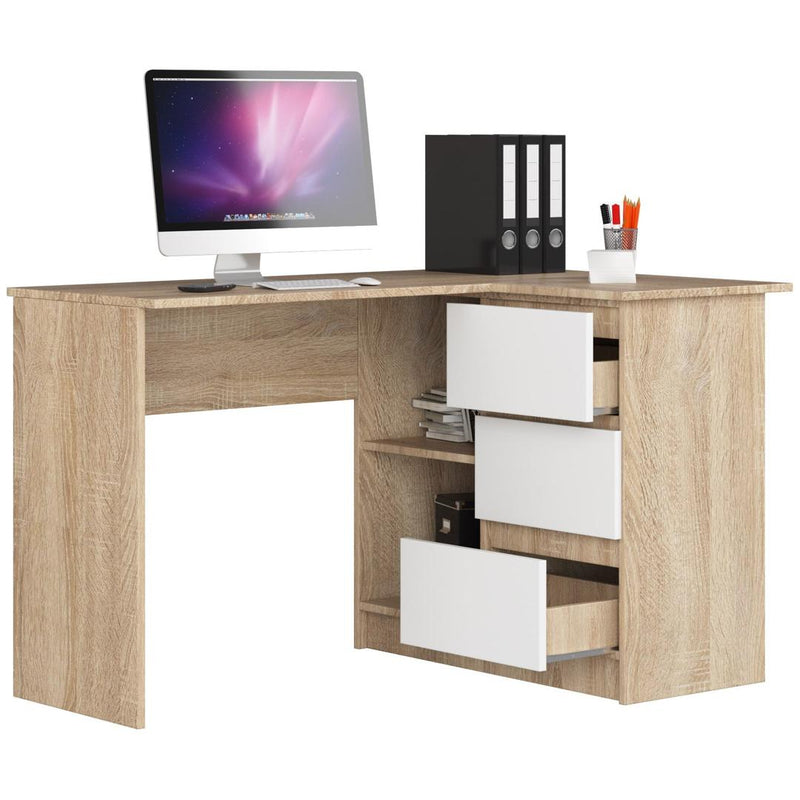 Ъглово компютърно бюро с 3 чекмеджета и 2 рафта 124 x 77 x 85 см сонома, бяло