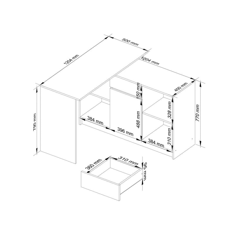 Ъглово компютърно бюро с 1 чекмедже, 1 врата и 4 рафта 120 x 79 - 77 x 126 см сонома, бяло