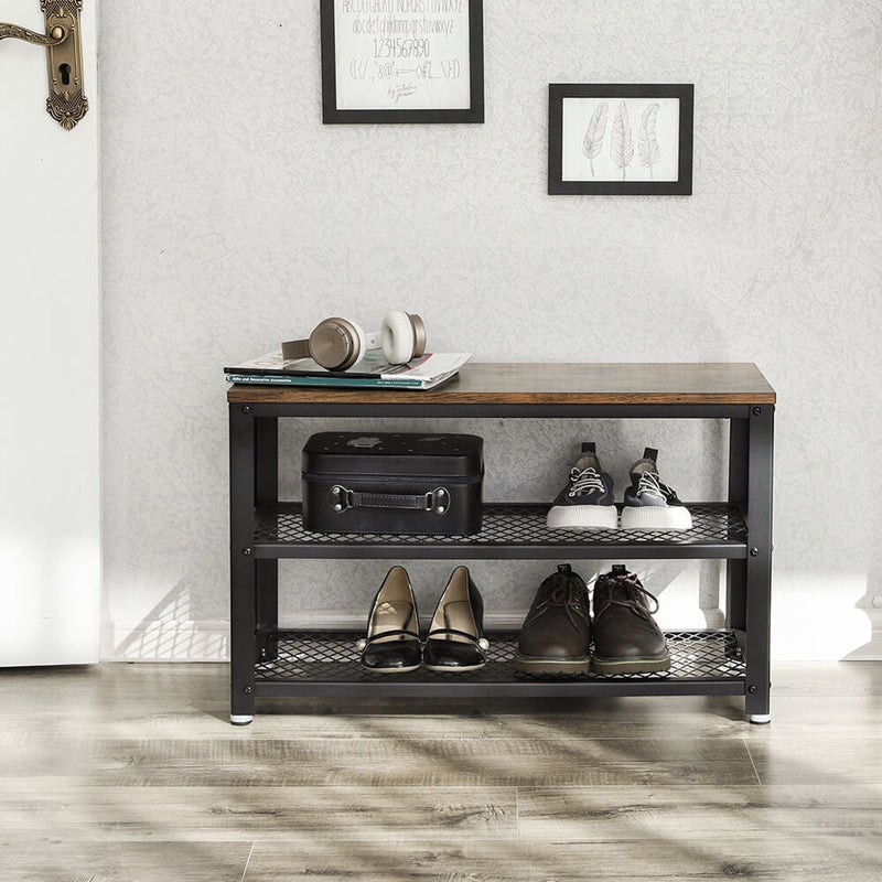 Пейка за обувки, етажерка за обувки с 2 метални рафта, кръгла желязна рамка, подходяща за коридор и всекидневна, стабилна и тясна, рустикално кафяво и черно, 30 x 73 x 45 см, VASAGLE