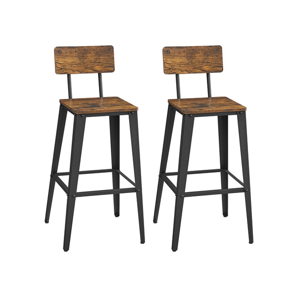 Комплект от 2 бар стола, кухненски столове с облегалка, стоманена конструкция, лесно сглобяване, индустриален дизайн, цвят Vintage кафяв/черен, VASAGLE