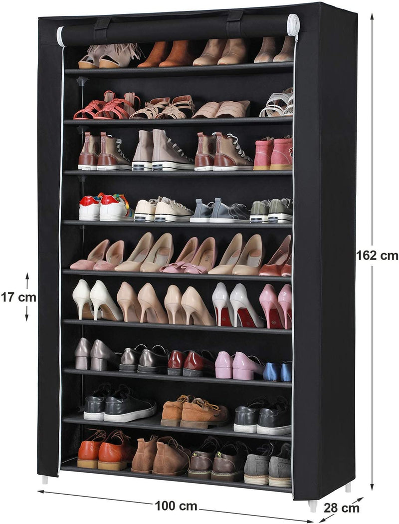 Стелаж за обувки с 10 рафта, рафт за до 54 чифта обувки, вертикален организатор за съхранение, шкаф, 100 x 28 x 162 см, черен SONGMICS