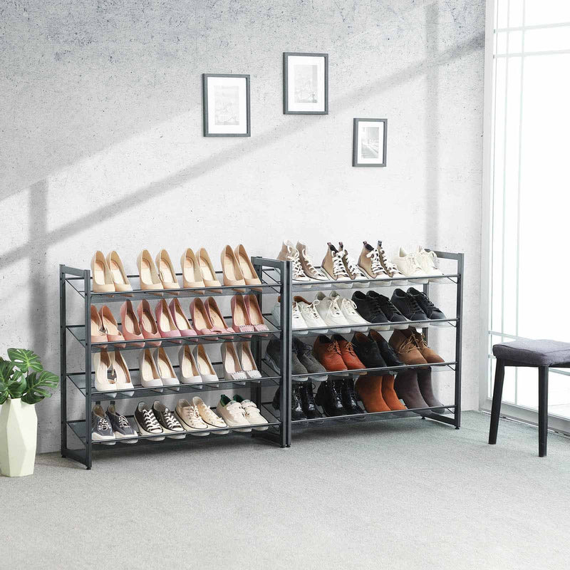 Стелаж за обувки с 8 рафта, комплект от 2 органайзера с 4 рафта от стоманена мрежа, плоски или наклонени регулируеми рафтове, за съхранение на обувки, сив - Cool SONGMICS