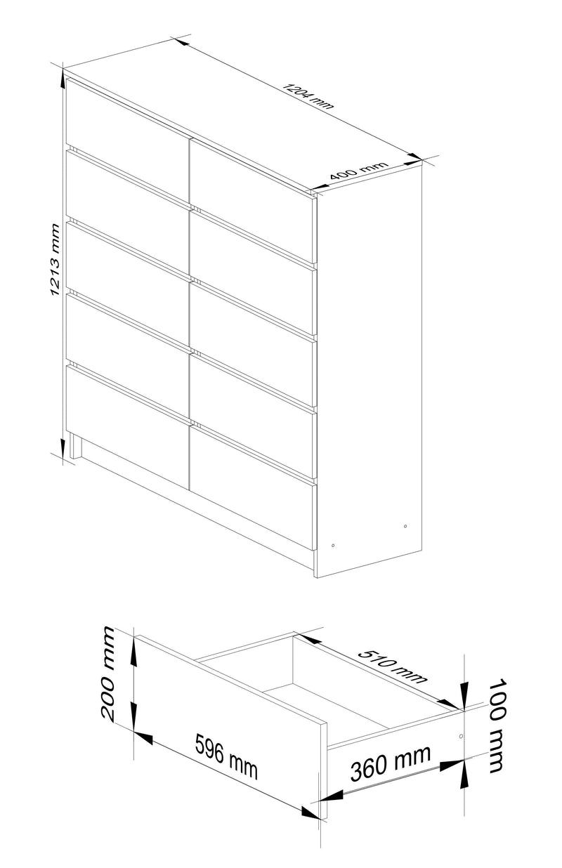 Скрин K120 с 10 чекмеджета, дъб 121 x 120 x 40 см