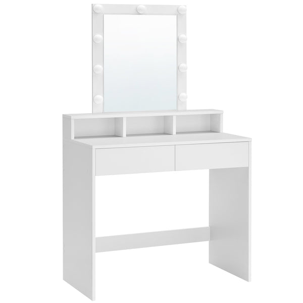 Тоалетка за грим Vasagle с огледало и лампи, 2 чекмеджета и 3 отделения за съхранение 80 x 40 x 145 см бяла