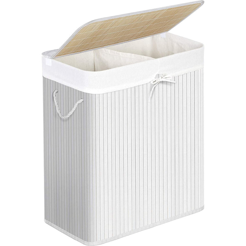 Кош за пране Songmics с 2 бамбукови отделения, 100 л 51,5 x 31,5 x 60,5 см бял