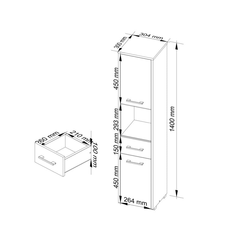 Шкаф за баня Fin с 2 врати и 1 чекмедже 30 x 140 х 30 см бял