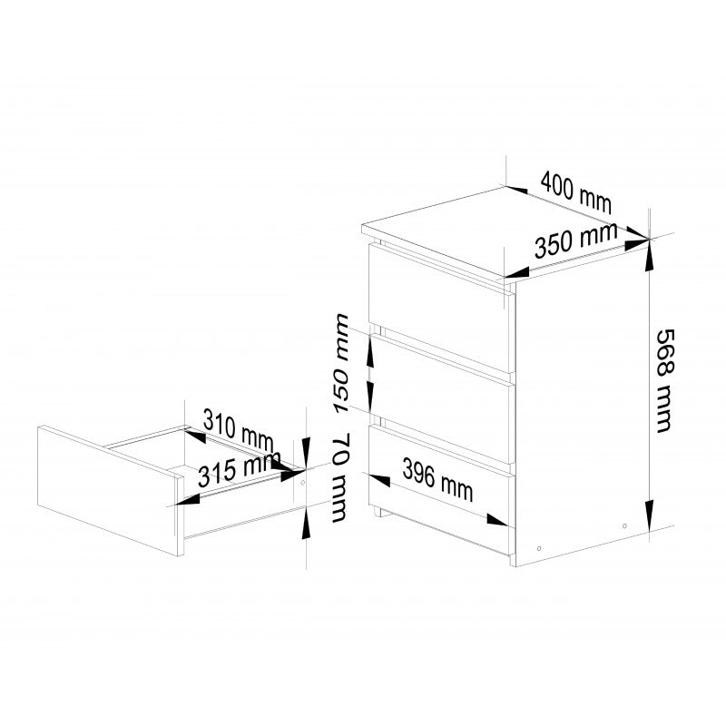 Скрин с 3 чекмеджета, антрацит - бял, 57 x 40 x 35 см