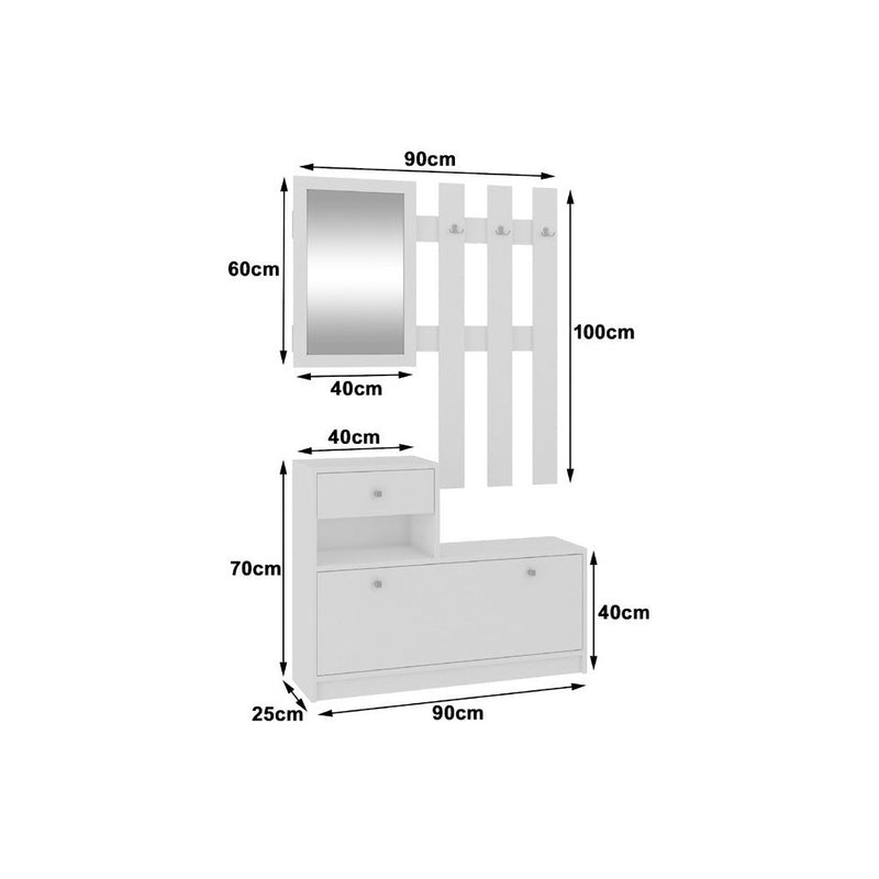 Комплект закачалка с огледало и шкаф за обувки, бял