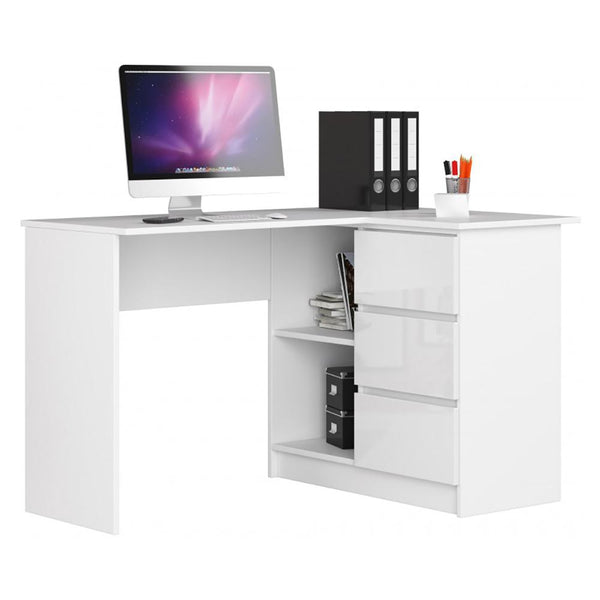 Лъскаво ъглово (дясно) бюро за компютър с 3 чекмеджета В16, бяло