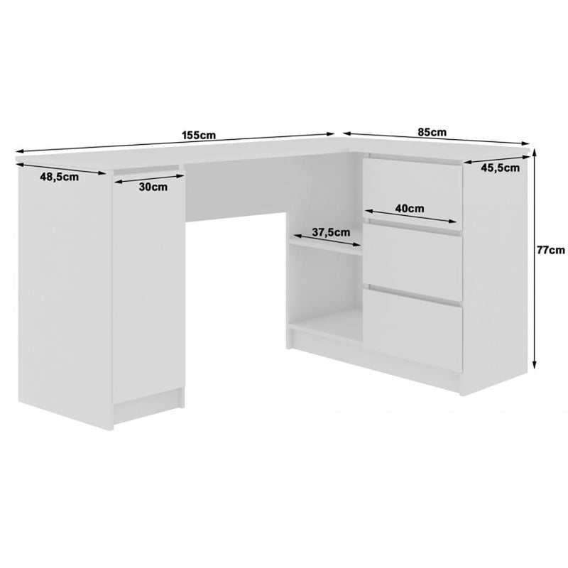 Лъскаво ъглово (дясно) бюро за компютър с 4 чекмеджета В20 155 см, бяло