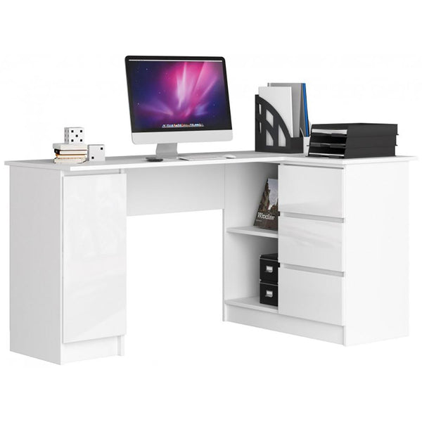 Лъскаво ъглово (дясно) бюро за компютър с 4 чекмеджета В20 155 см, бяло